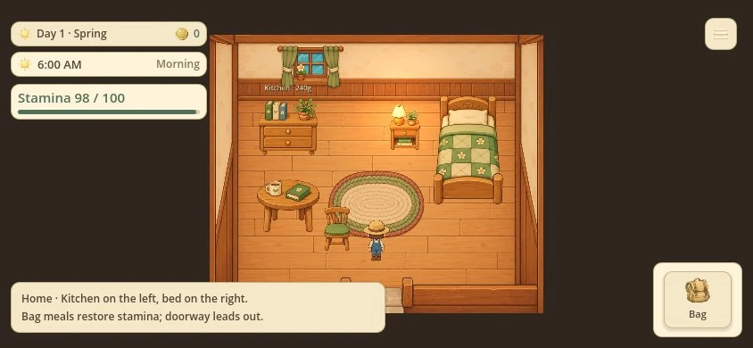 In-game: the cottage interior with a bed, table, rug and kitchen, the farmer standing in the middle.