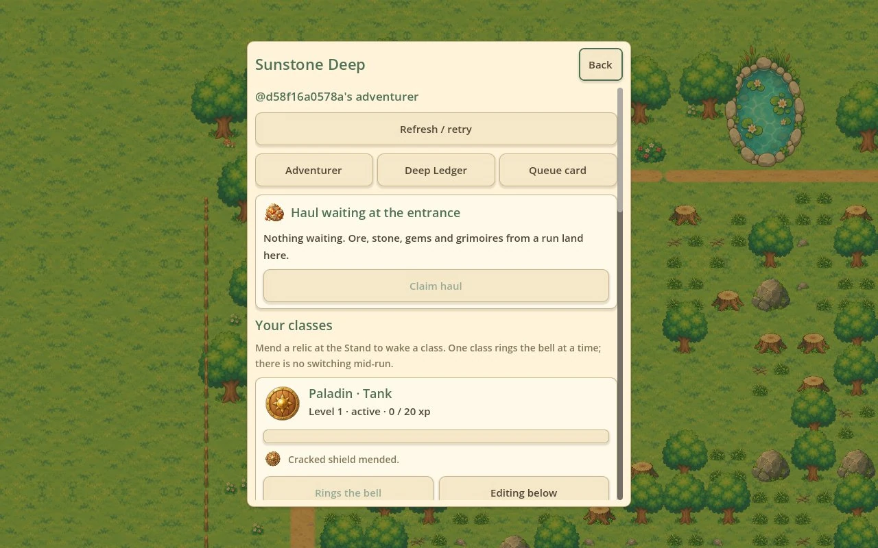 In-game: the Deep panel showing class cards, loadout, talents, the ledger and the queue card.