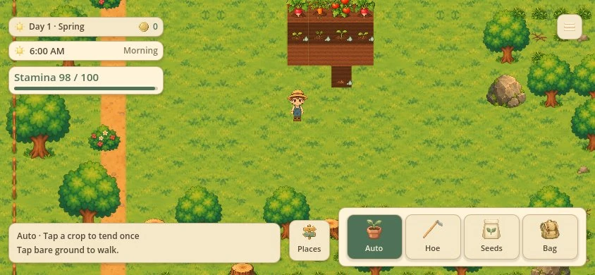 In-game: the farmer beside a planted bed at 6am on day one, with the day, gold and stamina readouts and the Auto, Hoe, Seeds and Bag tools along the bottom.