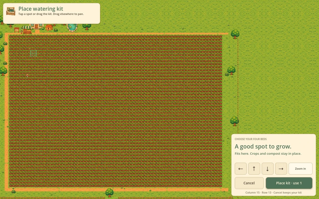 In-game: a fully planted field seen from above while placing the watering kit, with a panel asking you to choose your four beds.