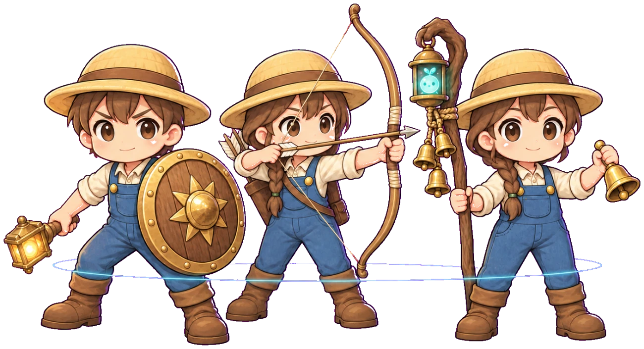 The three Little Loam classes mid-fight: a paladin braced behind a sun-boss shield with a lantern-mace, an archer at full draw, and a bellkeeper ringing a handbell beside a belled shrine staff.