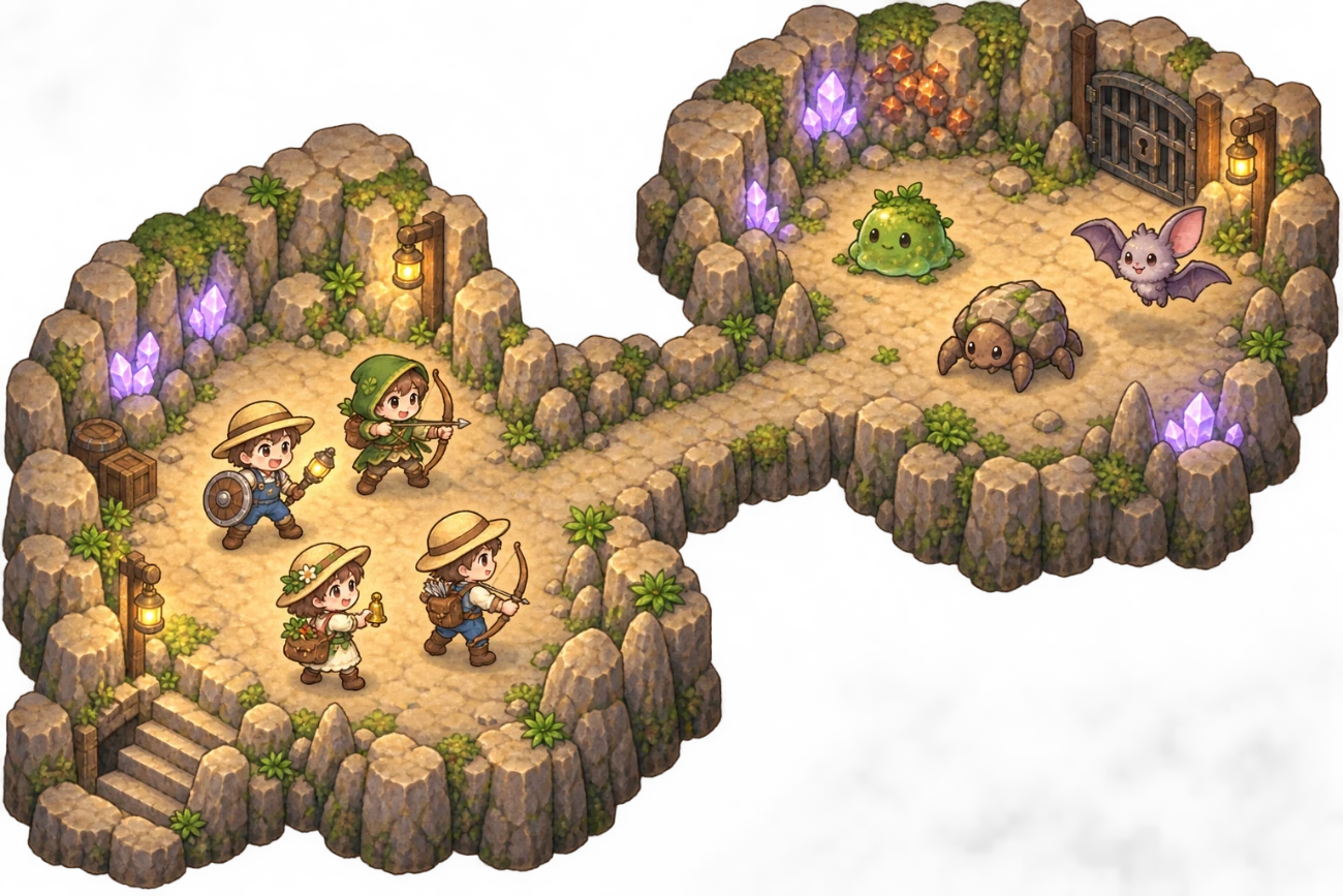 A party of four chibi adventurers with shield, bows, and a bell lighting a crystal-lined mine floor, with a slime, bat, and rock-spider waiting in the next chamber.