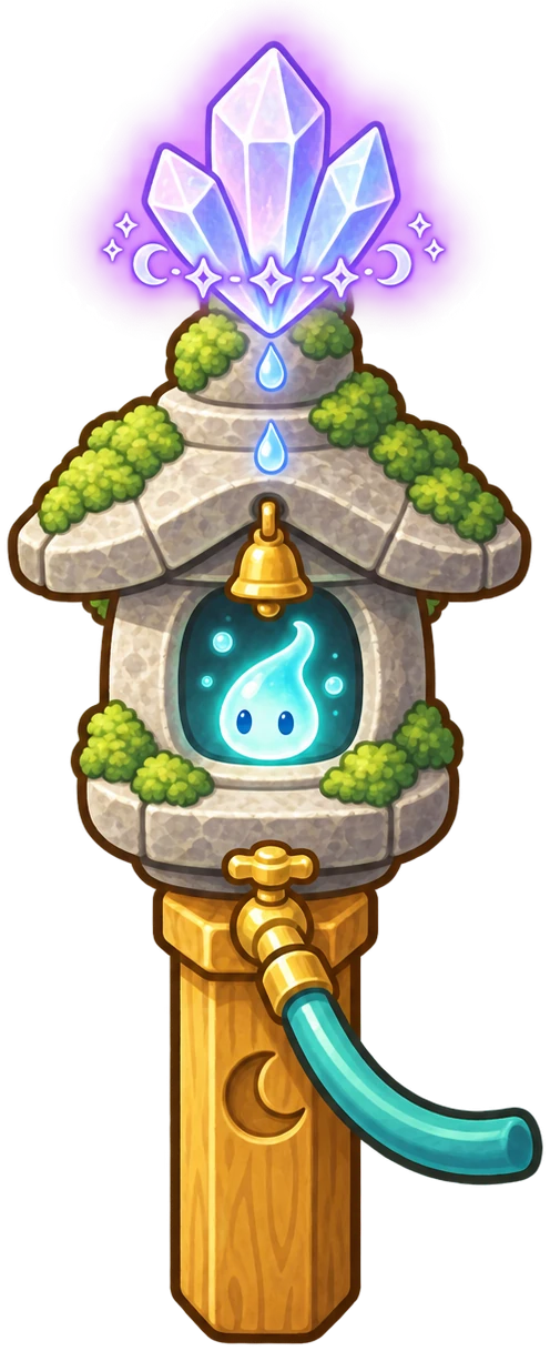 The Moonlit Sprite Shrine: a carved post with a crystal crown, a bell and a water sprite in its lantern