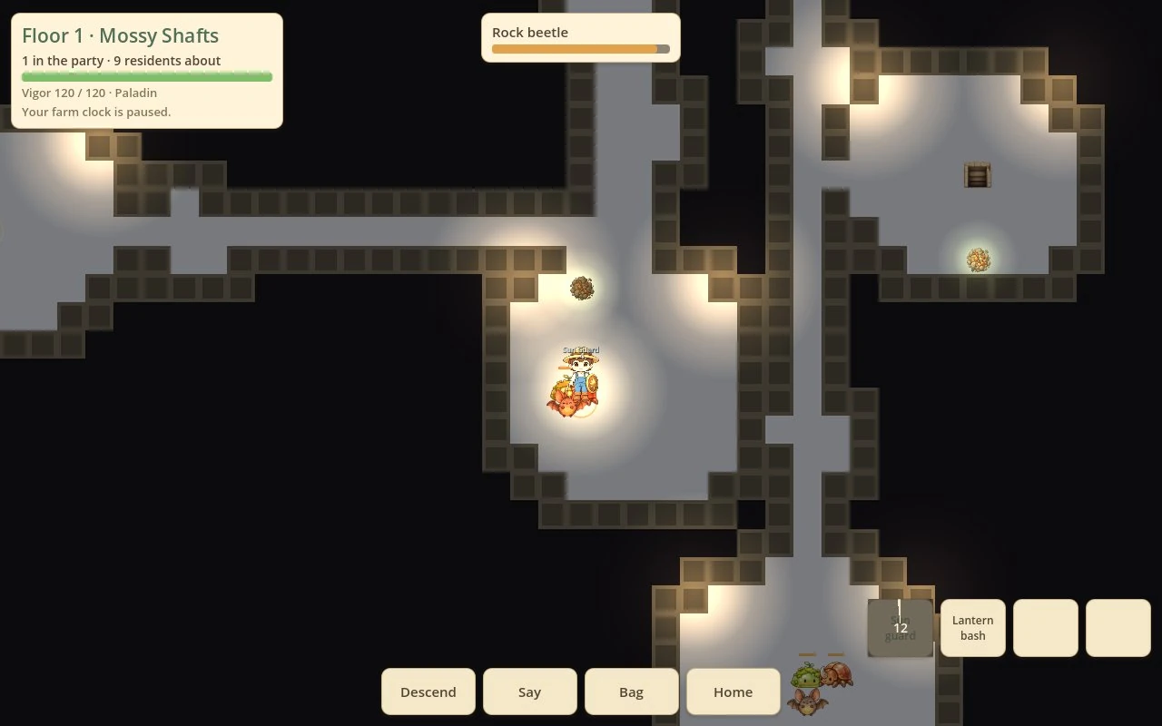 In-game: floor one of the Mossy Shafts, the paladin facing a pack of moss slimes by lantern light, with the Vigor bar, target frame and four ability buttons.