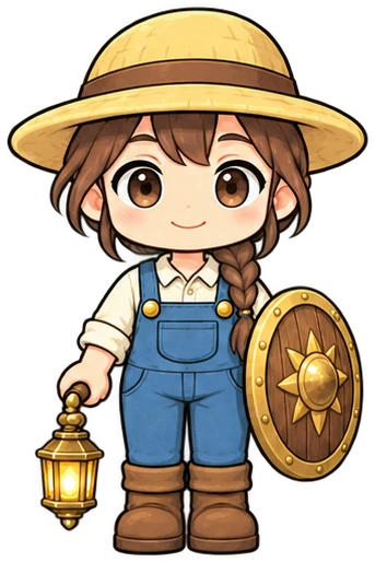 The Paladin: a chibi farmhand with a straw hat, wooden shield, and lantern.