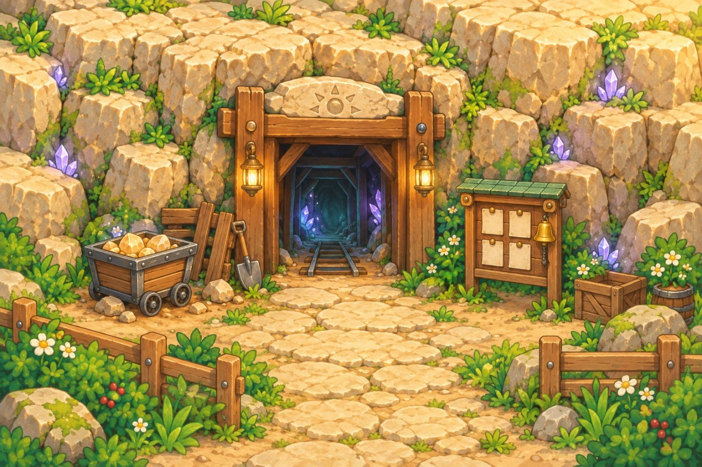The quarry mouth: a timbered mine entrance under a carved sun, lanterns lit either side, and crystals in the rock.